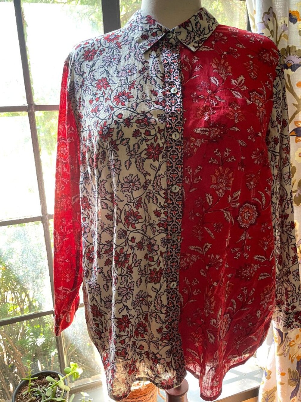 J.Jill Airy Cotton Patchwork Blouse, Sz XLP, Boho Art Wear Bandana Print Paisley